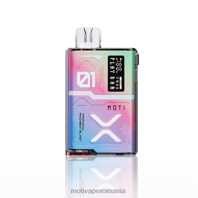 MOTI Play Bar 7500 de vaporizare de unică folosință (5%, 7500 pufuri) explozie de curcubeu tropical NVLL54 MOTI Vape Disposable